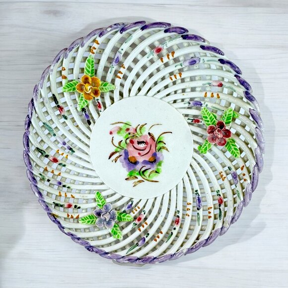 Hand Painted Reticulate Floral Plate Round 3D Pottery Decorative Spain Vintage - Picture 1 of 4